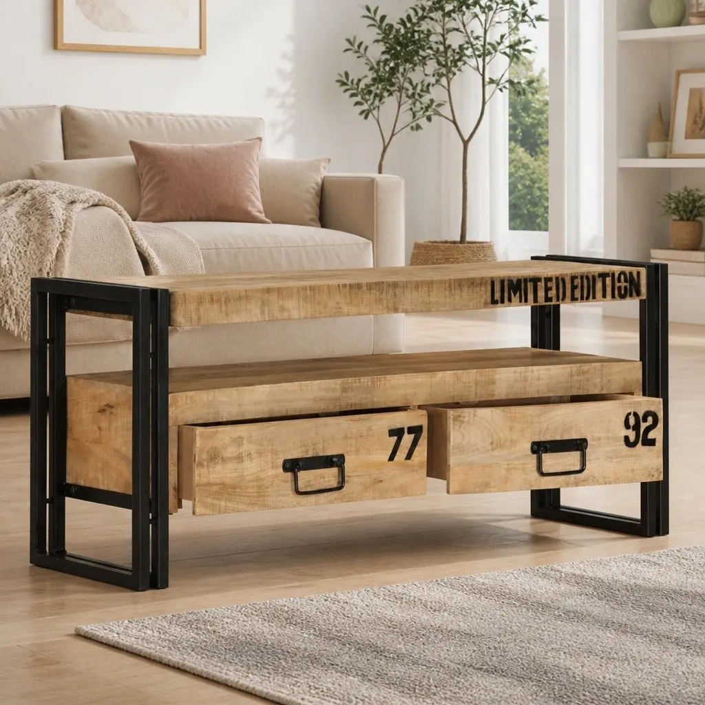 Solid Mango Wood TV Cabinet with Drawers, 100x30x45 cm