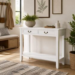 White Wooden Console Table 110x35x80 cm End Table with Drawers and Shelf Storage