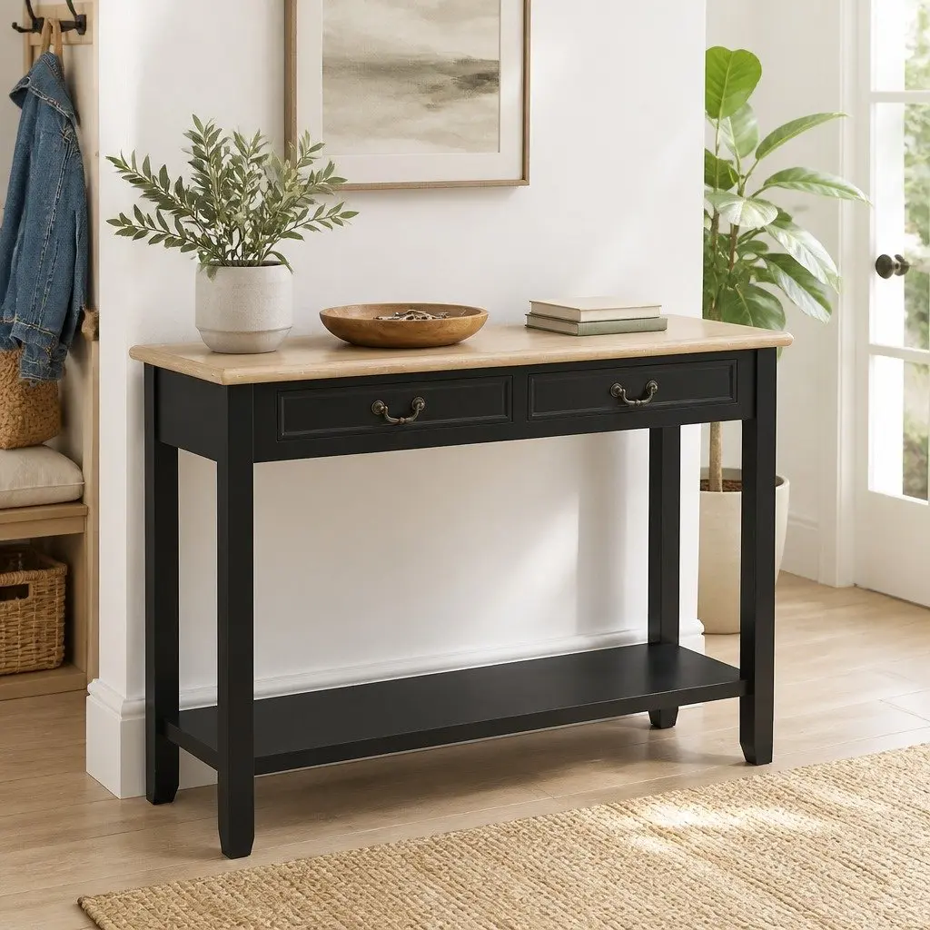 Black Console Table with Drawers and Shelf