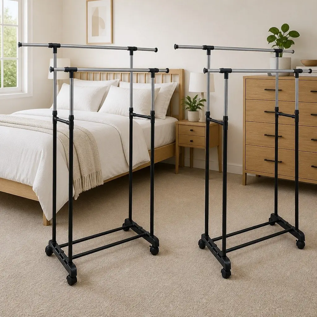Adjustable Clothes Rack with 2 Hanging Rails Set