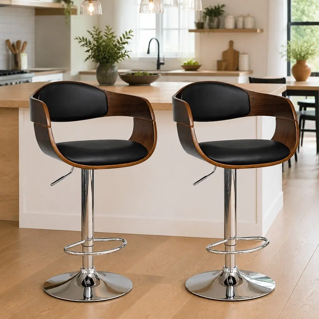 Bar Stools Bent Wood Faux Leather Adjustable Height Black
