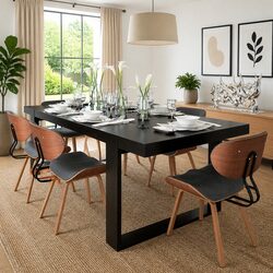 Set of 6 Black Faux Leather Dining Chairs with Bent Wood Frame