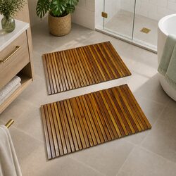 Premium Wooden Bath Mat Set 80 x 50 cm Brown Non-Slip