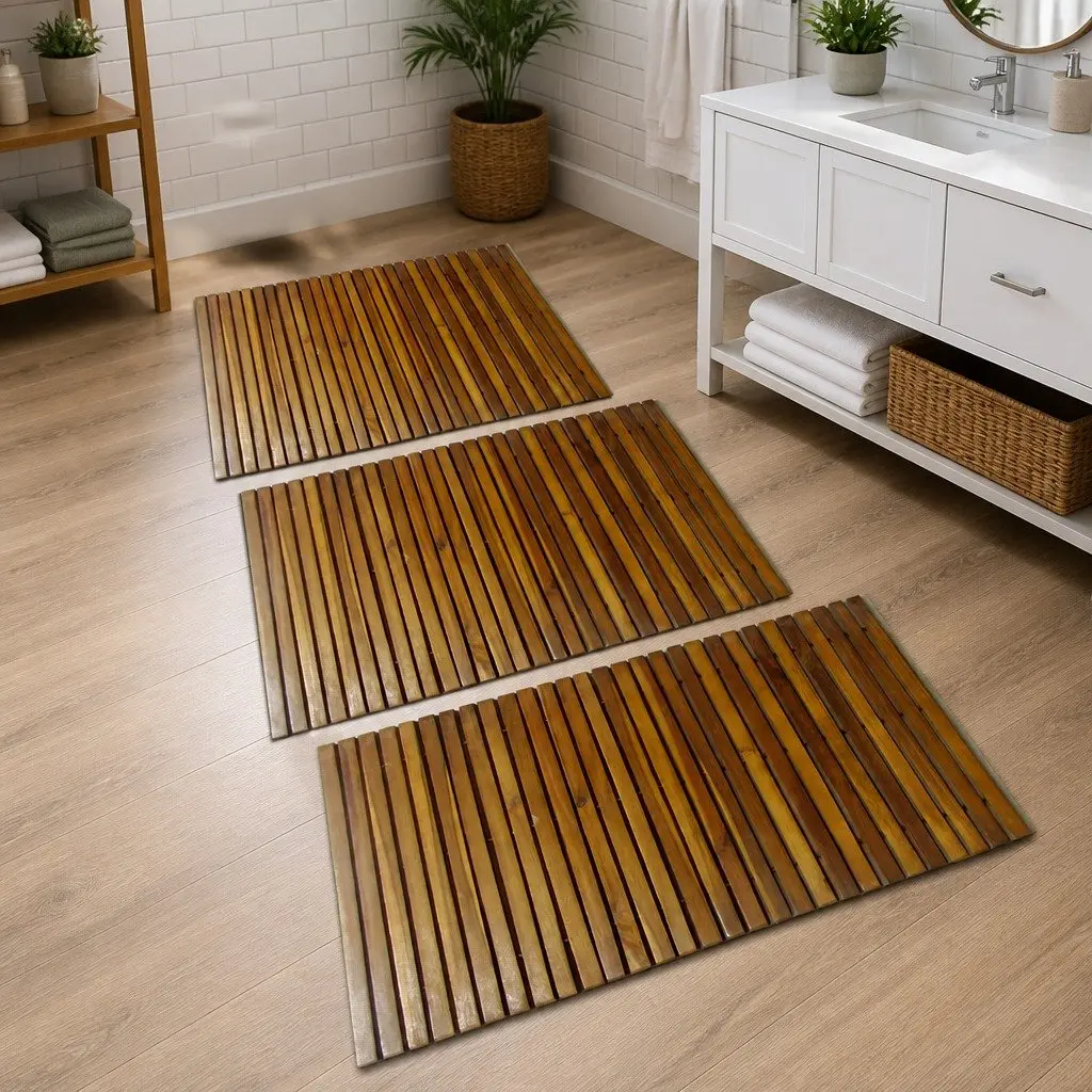 Wooden Bath Mat Acacia Wood 80 x 50 cm Brown Set of 3