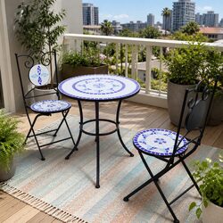 Elegant 3 Piece Bistro Set with Blue White Mosaic Tiles