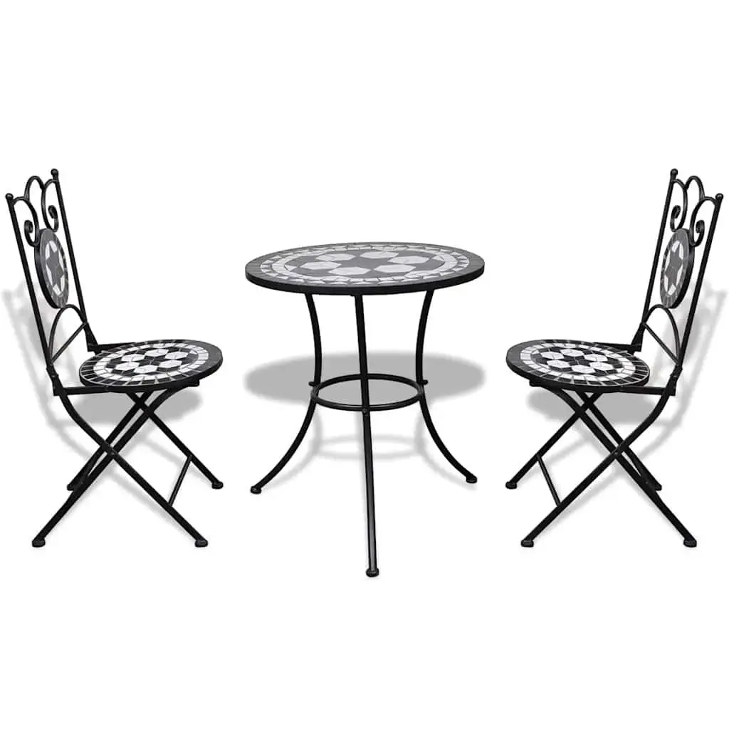 3 Piece Bistro Set Powder-coated Iron Ceramic Tile Table Chairs Black