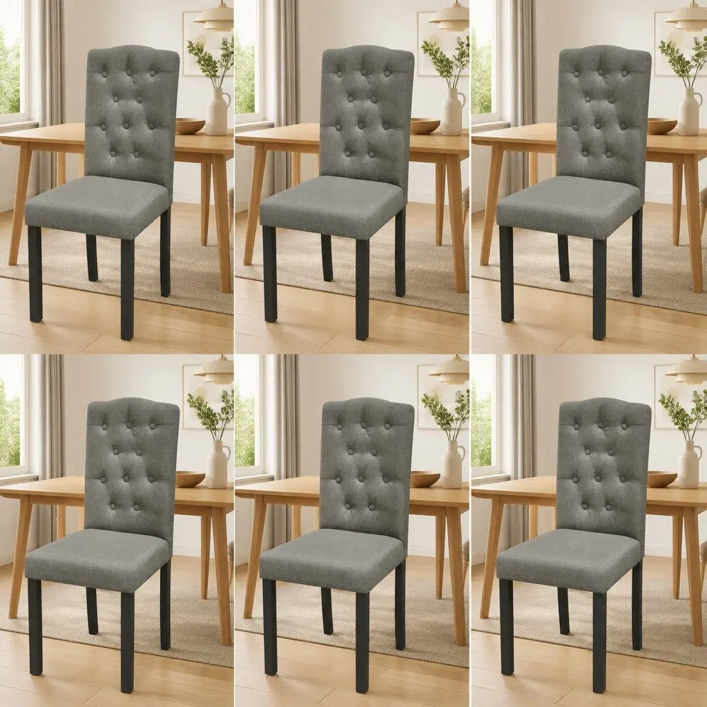 Set of 6 Grey Fabric Dining Chairs with Wooden Legs