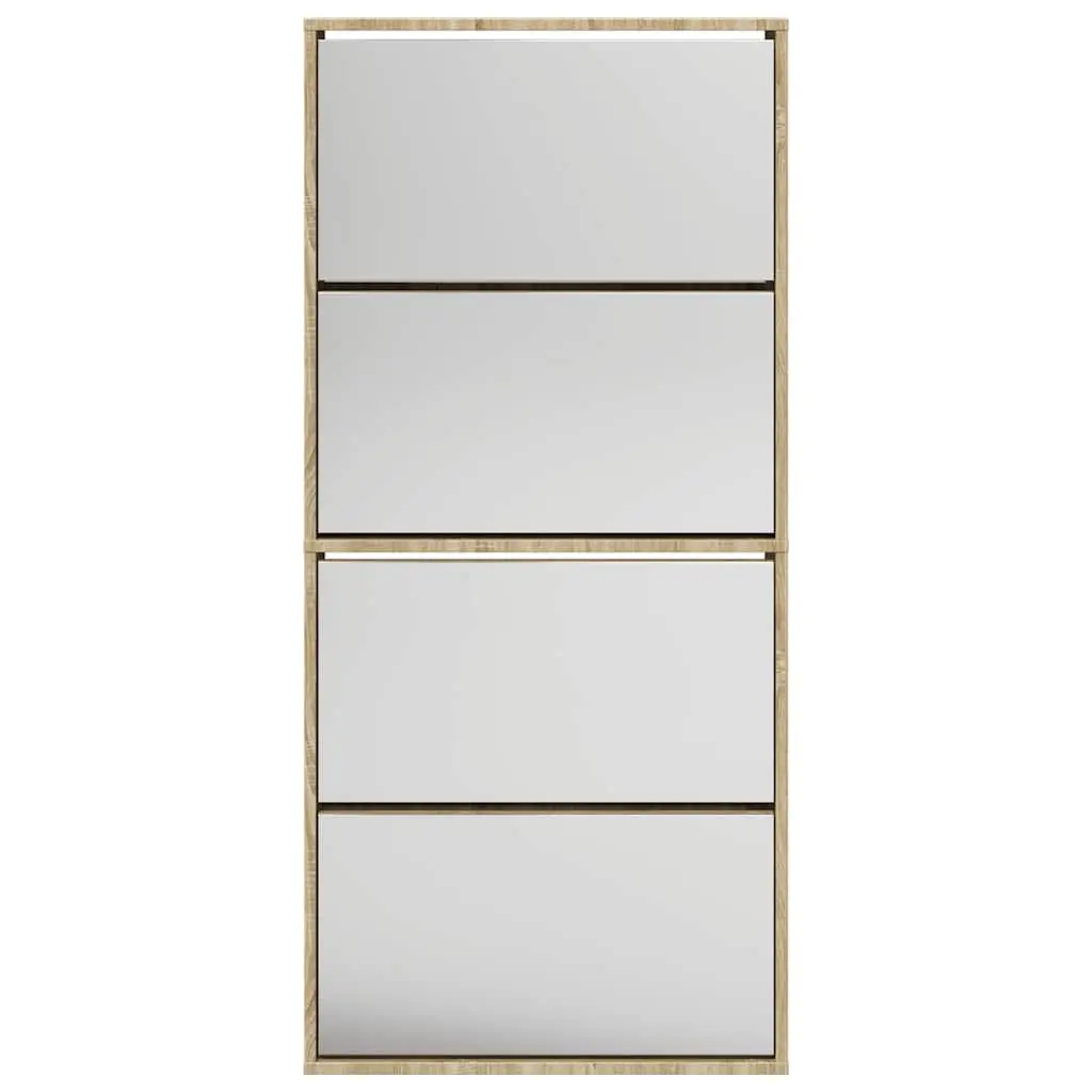 4-Layer Brown Wall-Mounted Shoe Cabinet with Mirror