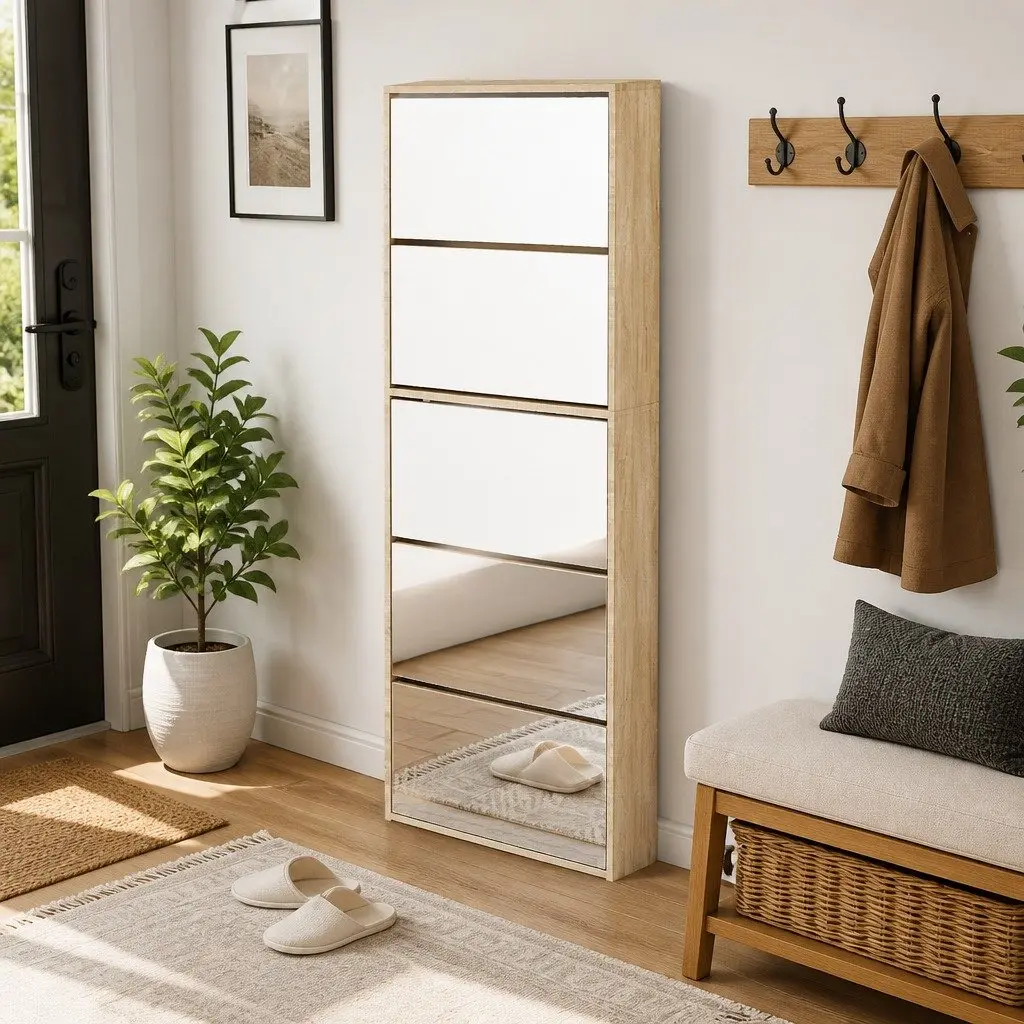 Shoe Cabinet Mirror Brown 5-Layer Wall-Mounted Organiser