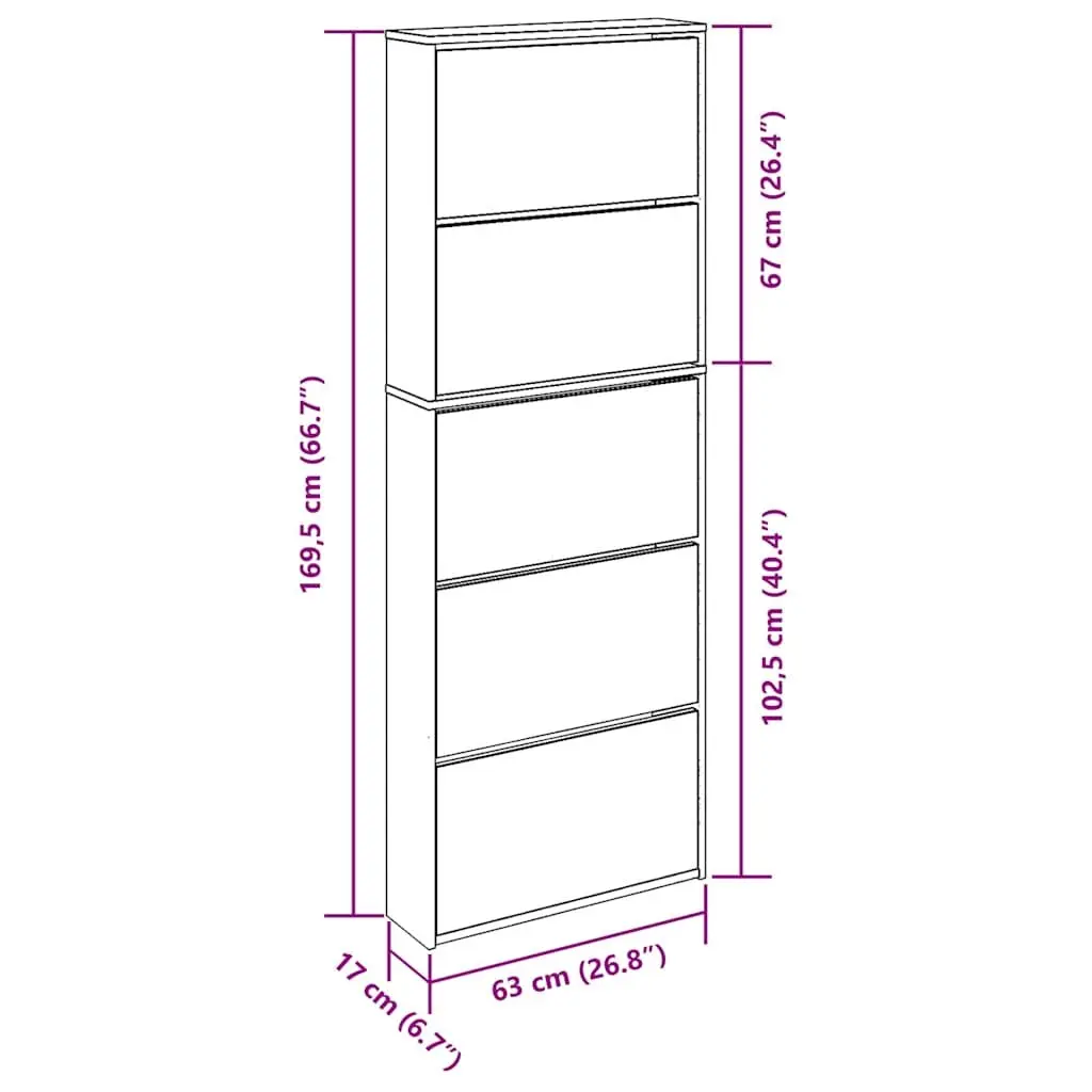 Shoe Cabinet Mirror Wall-Mounted 5 Layer White 63W x 17D x 169.5H cm