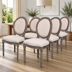 Set of 6 Cream Linen Dining Chairs with Wooden Frame