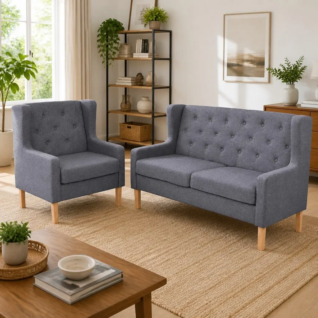 Grey Fabric 2-Piece Lounge Sofa Set with Armchair
