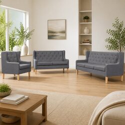 Durable 3-Piece Grey Fabric Sofa Set for Living Room