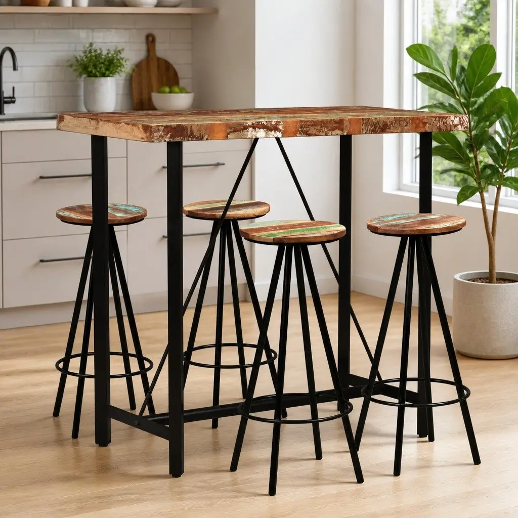 Bar Set Solid Reclaimed Wood Industrial Style 5 Piece Brown