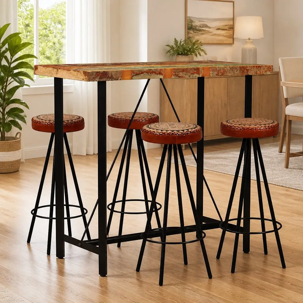 Bar Set Solid Reclaimed Wood Brown 5 Piece Industrial Kitchen Dining Table Stools
