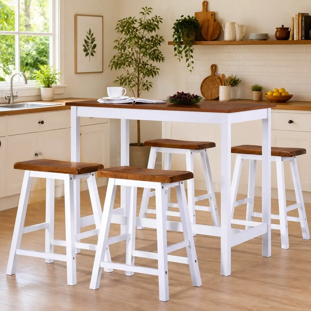 5-Piece Solid Wood Bar Table and Stool Set in Brown