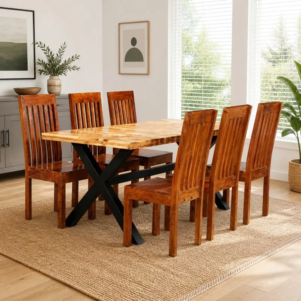 Dining Table Set 7 Pieces Solid Acacia Mango Wood Brown Kitchen Furniture