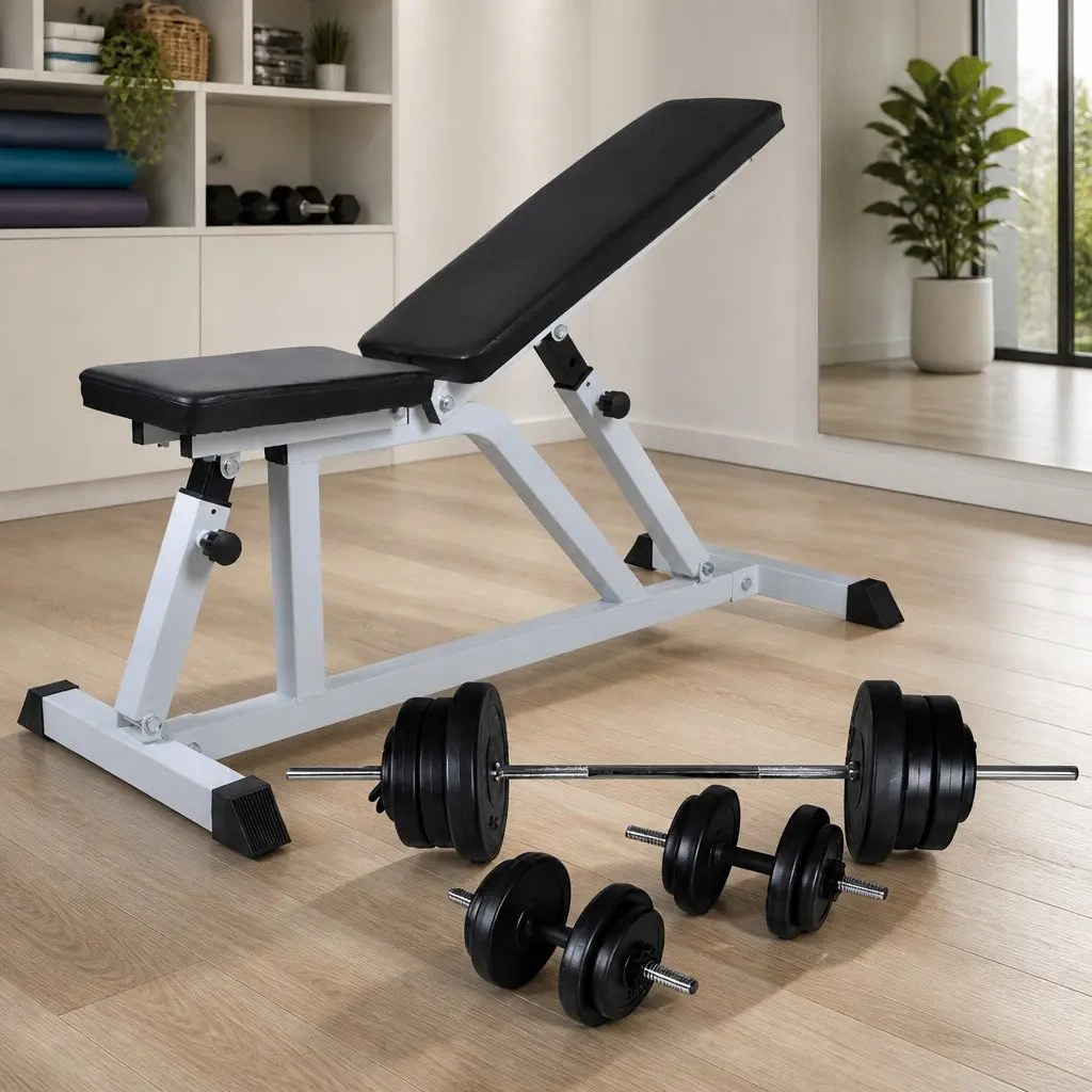 Workout Bench Adjustable Steel Brown 60.5kg with Barbell Dumbbell Weight Plates