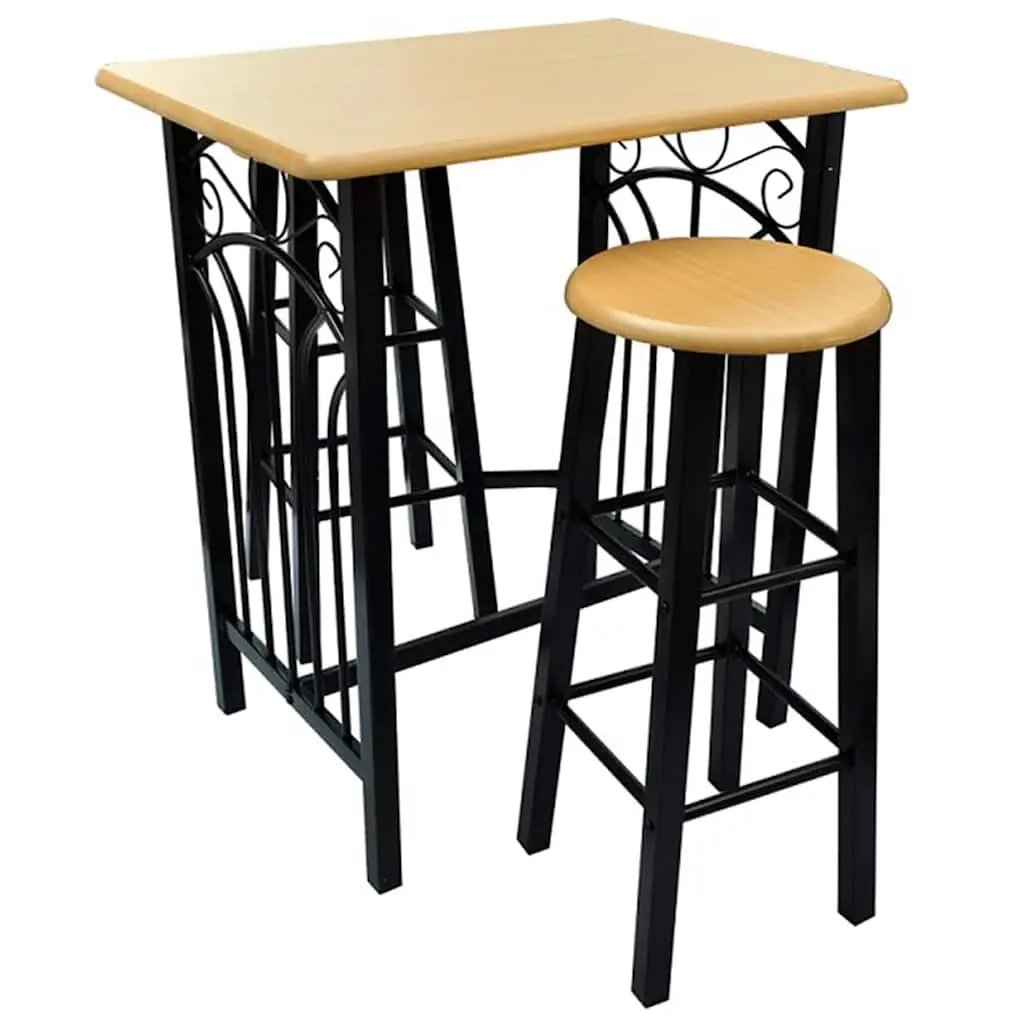 Bar Table and Stool Set Wood Steel Brown 3 Piece
