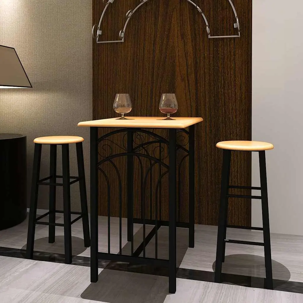 Bar Table and Stool Set Wood Steel Brown 3 Piece