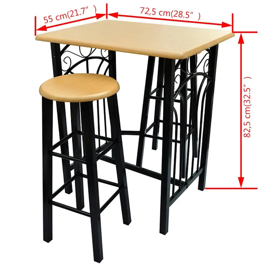 Bar Table and Stool Set Wood Steel Brown 3 Piece