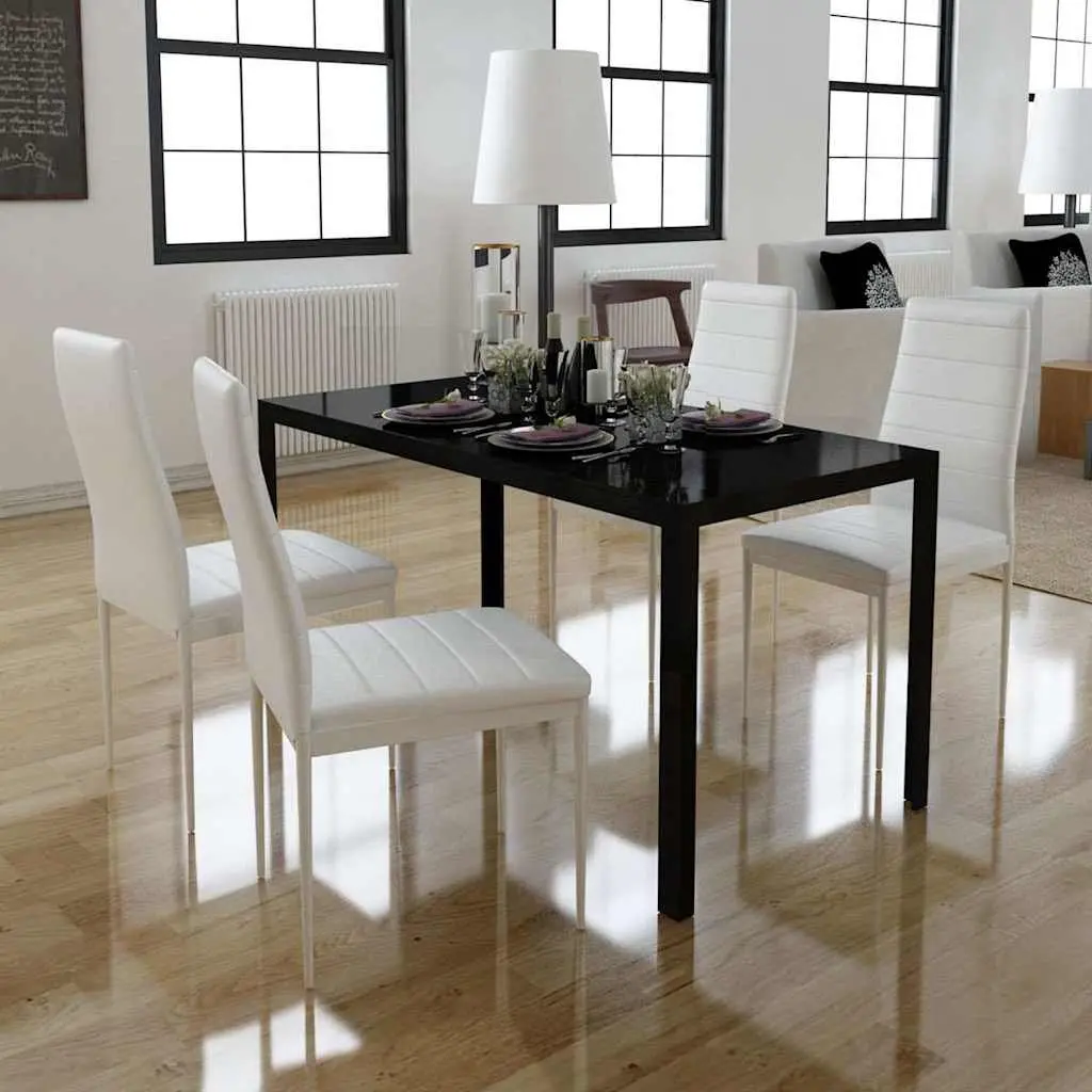 Dining Set Artificial Leather Tempered Glass 5 Pieces Black White Modern