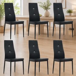 Set of 6 Black Faux Leather Dining Chairs with Crystal Accents