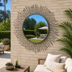 Black Sunburst Garden Wall Mirror 80cm for Outdoor Use