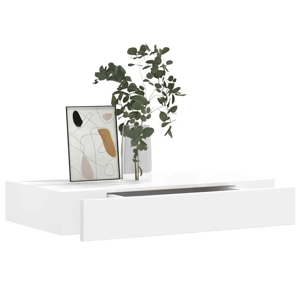 White Floating Wall Shelves with Drawer Storage Display 48cm Set of 2