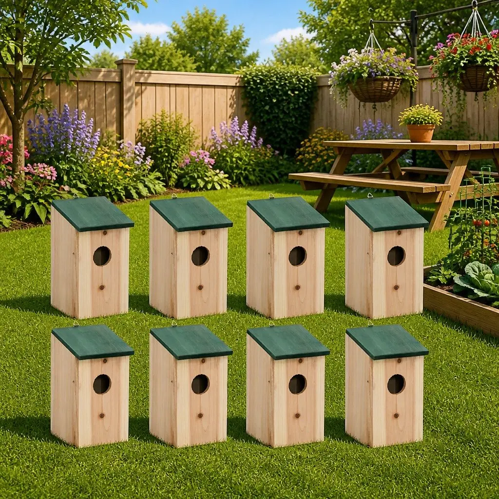 Wooden Birdhouse Set 8 Pcs Pine Wood Garden Decor Outdoor Hanging Houses Beige