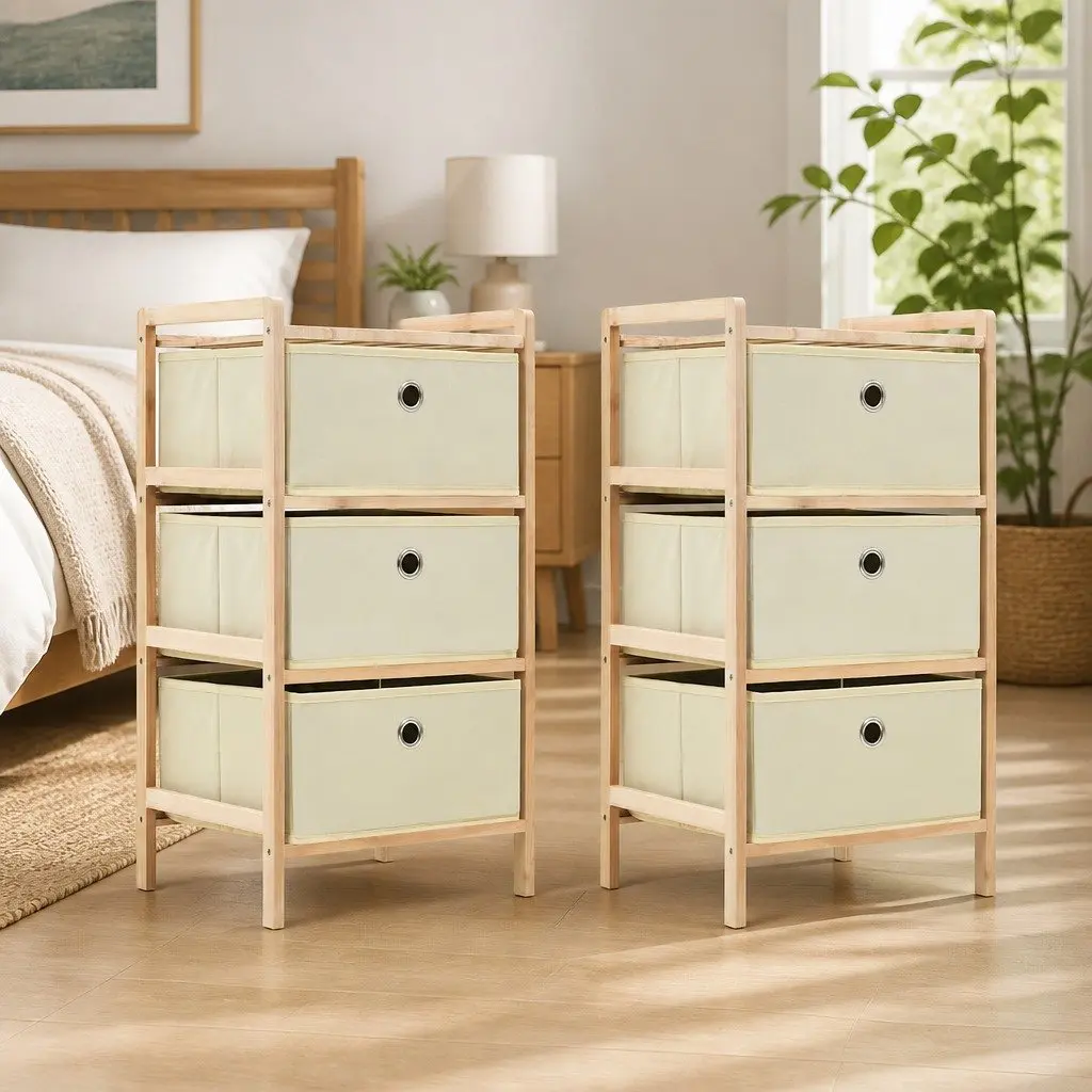 Storage Rack with 3 Fabric Baskets Wooden Cabinet 2 Pack Beige Home Organiser