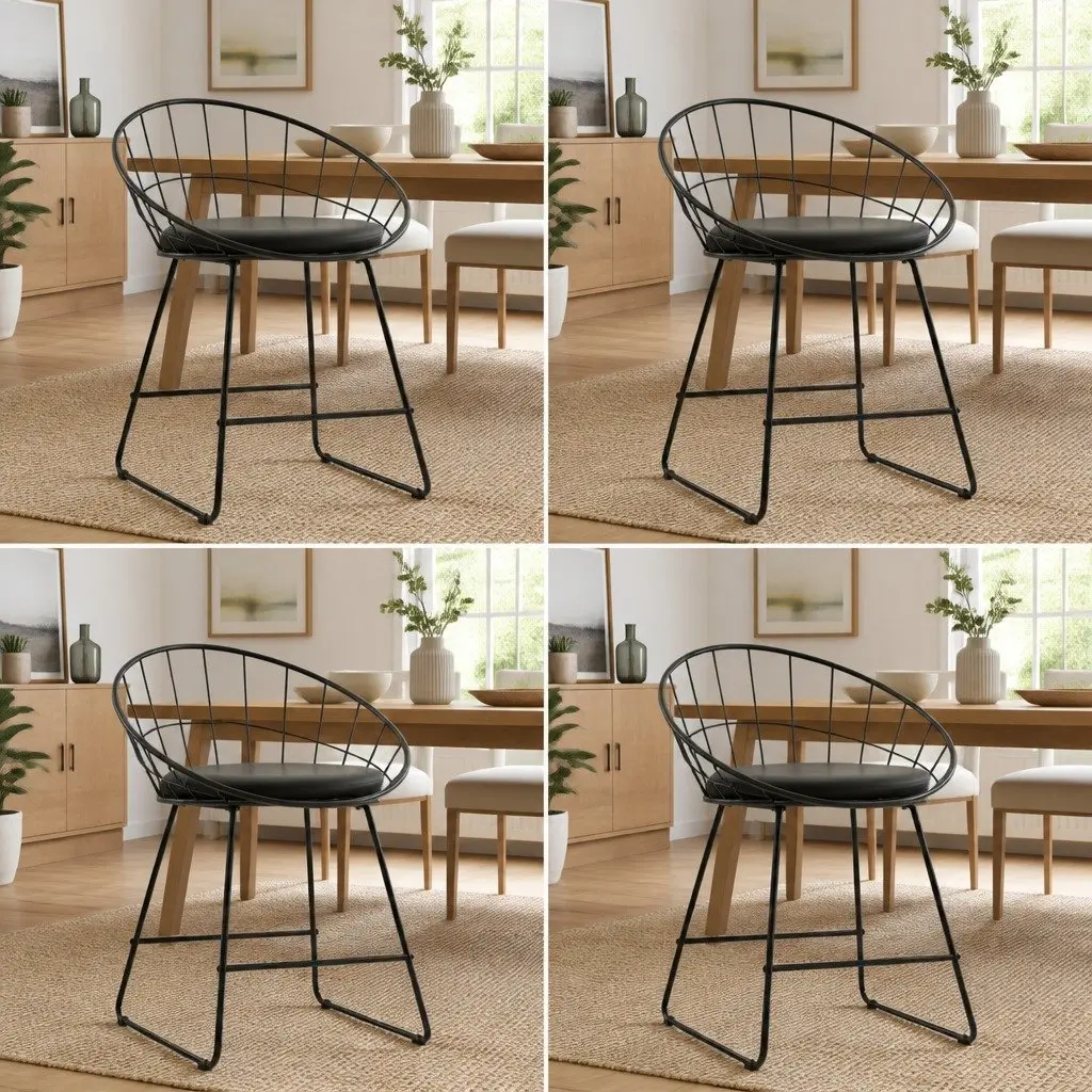 Dining Chairs Set 4 Pieces Powder-coated Steel Frame Faux Leather Cushion Black