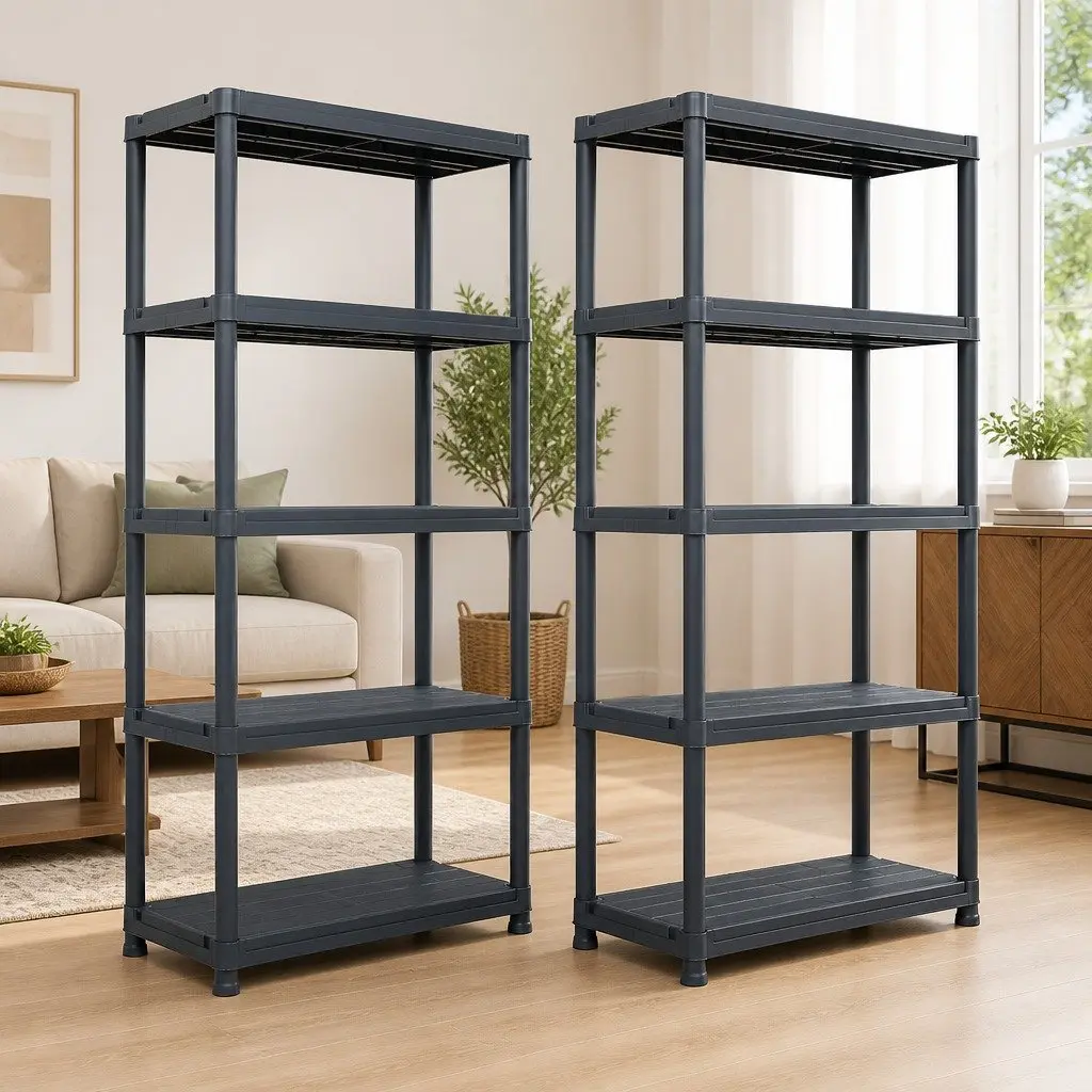 Black Plastic Storage Shelf Rack 2 Pcs