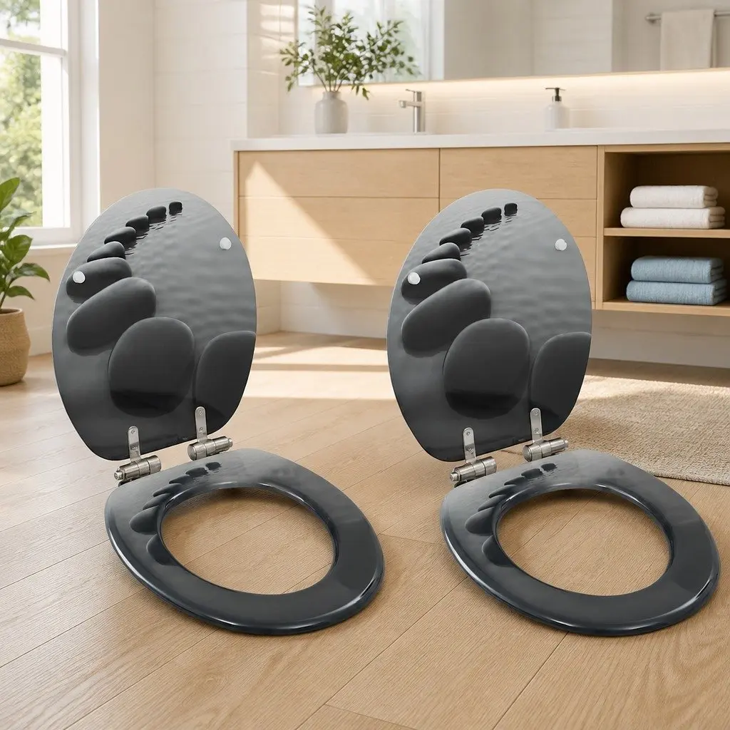 Toilet Seats 2 pcs Soft Close Lids Grey Stones Design Bathroom Fixtures