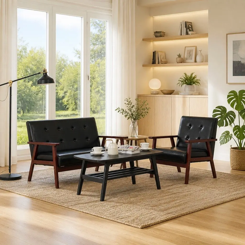 2 Piece Black Sofa Set with Armchair and Sofa