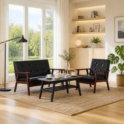 Durable 2 Piece Black Sofa Set with Armchair and Sofa