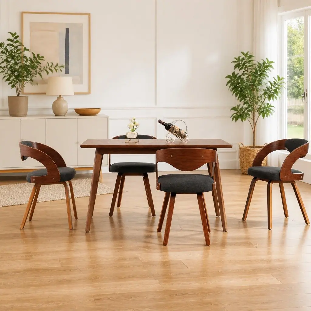 4-Piece Dining Chair Set in Grey Fabric and Wood