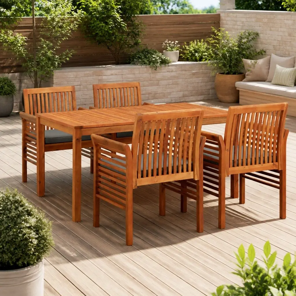 5 Piece Outdoor Dining Set Solid Wood Acacia Brown Slatted Table Chairs with Cushions