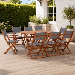 9 Piece Outdoor Dining Set Grey Eucalyptus Wood Textilene Folding Patio