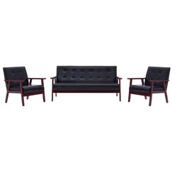 Durable 3 Piece Black Faux Leather Sofa Set