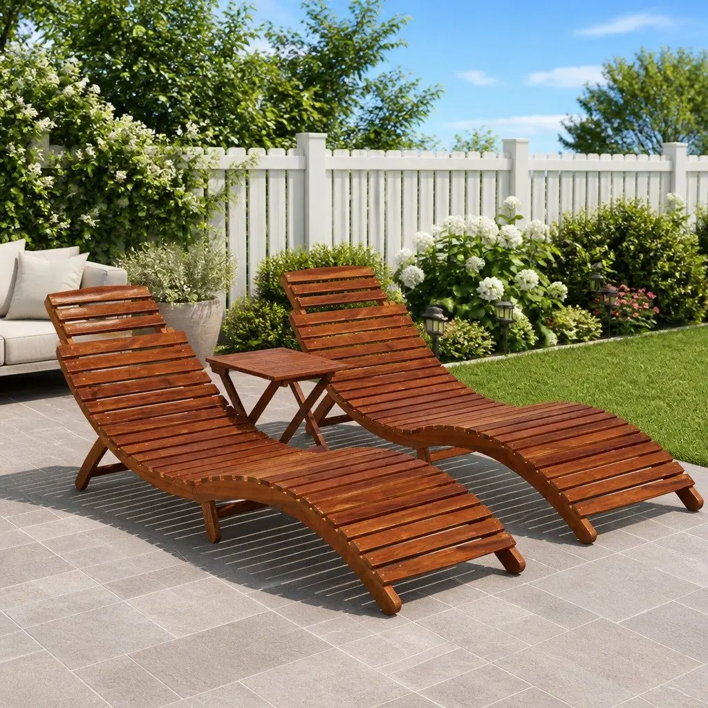 3-Piece Wooden Sun Lounger Set for Outdoor Comfort