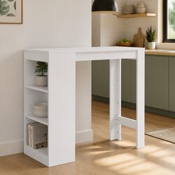 Compact White Bar Table with 3-Layer Storage Shelf
