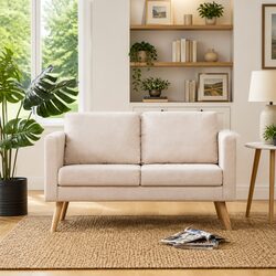 Cream 2-Seater Sofa with Padded Cushions and Wooden Frame