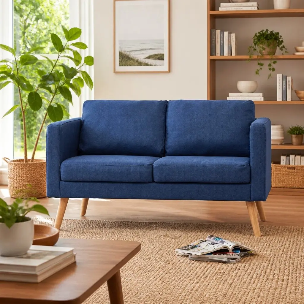 2-Seater Blue Fabric Couch with Removable Covers