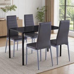 Modern 5-Piece Grey Dining Set with Glass Top