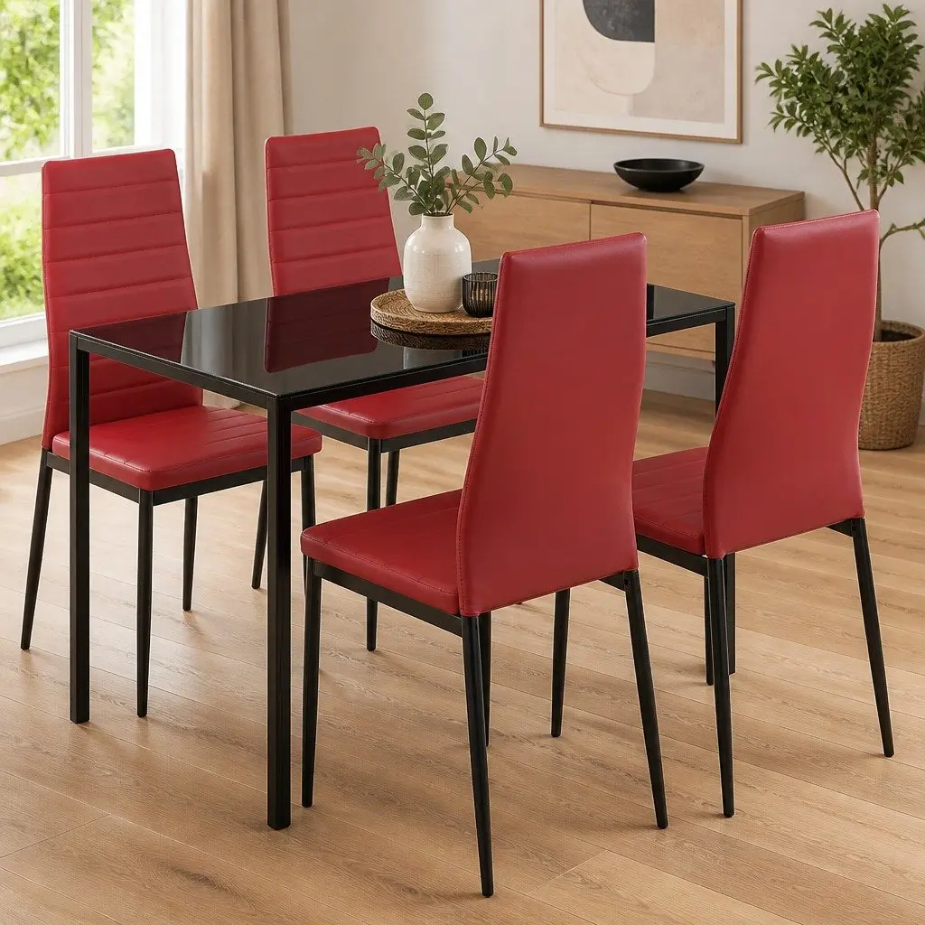 Five Piece Dining Set with Wine Red Upholstered Chairs
