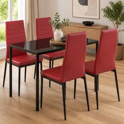 Five Piece Dining Set Modern Table Chairs Wine Red Tempered Glass Kitchen Room