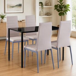 Contemporary 5-Piece Dining Set with Glass Top and Beige Chairs