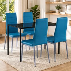 Stylish 5-Piece Dining Set with Blue Glass Top