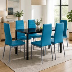 Sturdy 7-Piece Dining Table Set with 6 Blue Chairs